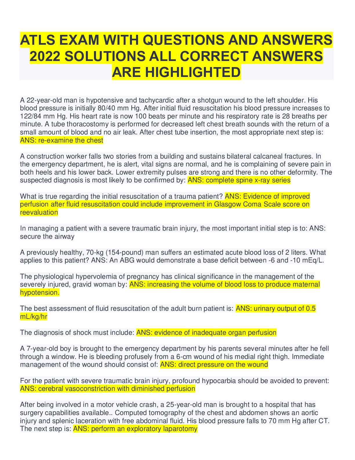 Preview image for ATLS EXAM WITH QUESTIONS AND ANSWERS  2022 SOLUTIONS ALL CORRECT ANSWERS  ARE HIGHLIGHTED